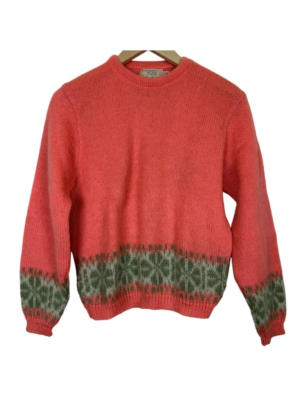 Vtg 60s Bobbie Brooks Knit Mohair Wool Sweater Small Fair Isle Green Coral ILGWU